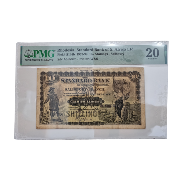 Rhodesia, Standard Bank of S. Africa Ltd. 1932-38 10/-Shillings- Salisbury S/N A565687 Printer: W&S