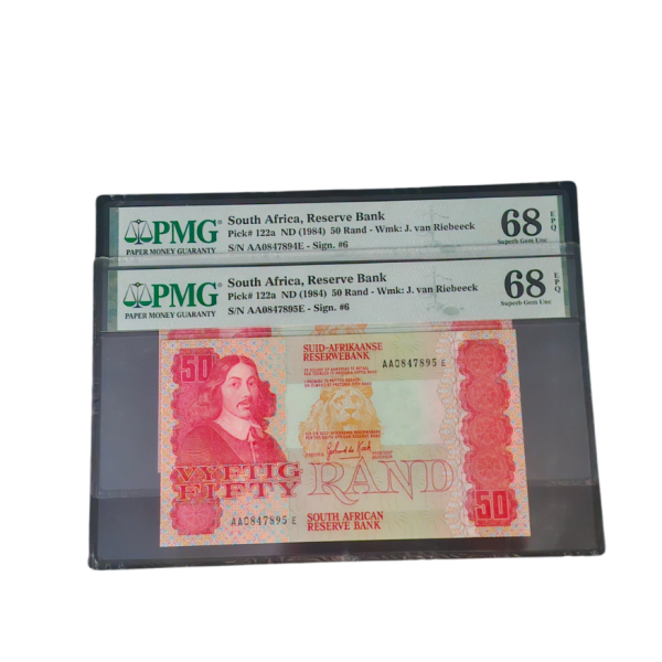 South Africa, Reserve Bank ND (1984)50 Rand-WmK: J. van Riebeeck Set (S/N AA0847894E/ AA0847895E-Sign. #6)