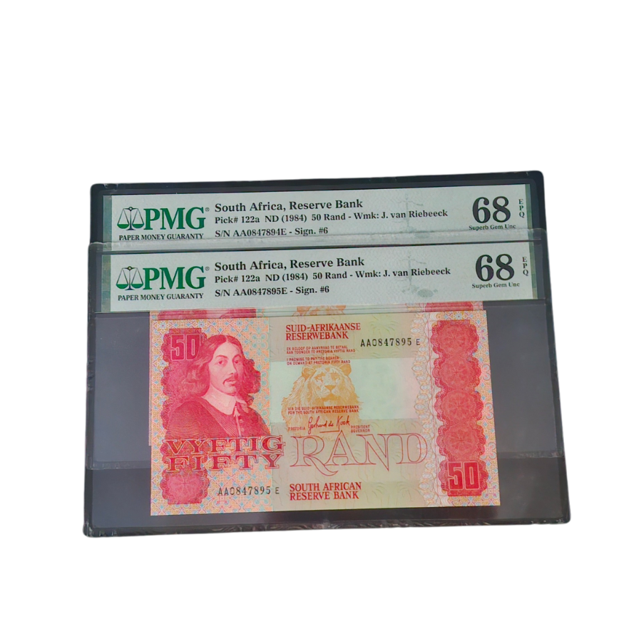 South Africa, Reserve Bank ND (1984)50 Rand-WmK: J. van Riebeeck Set (S/N AA0847894E/ AA0847895E-Sign. #6)
