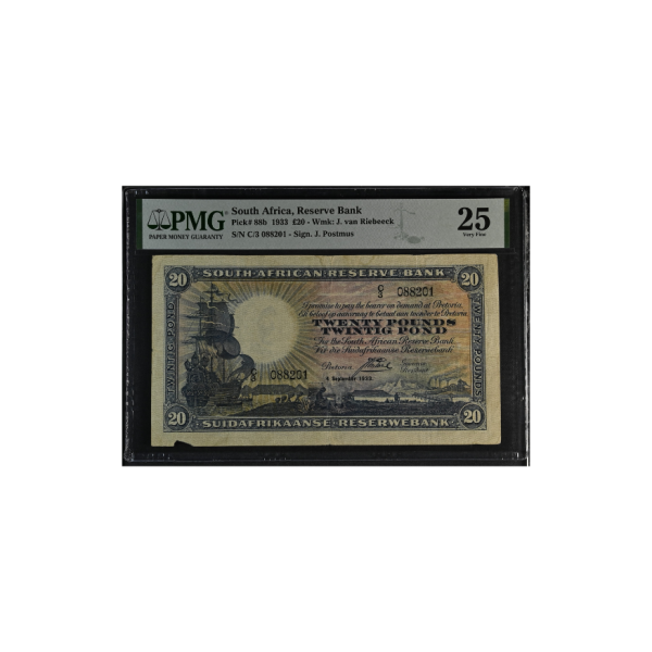 South Africa Reserve Bank £20 1933 Pick#88b - Wmk J.van Riebeeck  S/N C/3 088201 - Sign J. Postmus VF 25