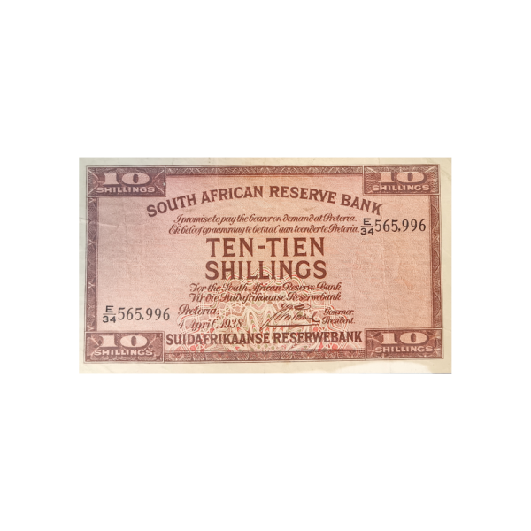 South African Reserve Bank Ten Shillings Eng/Afr 1938 S/N: E/ 34 565996