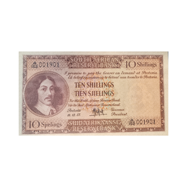 South African Reserve Bank Ten Shilling Eng/Afr 1957 S/N: A/152 001901