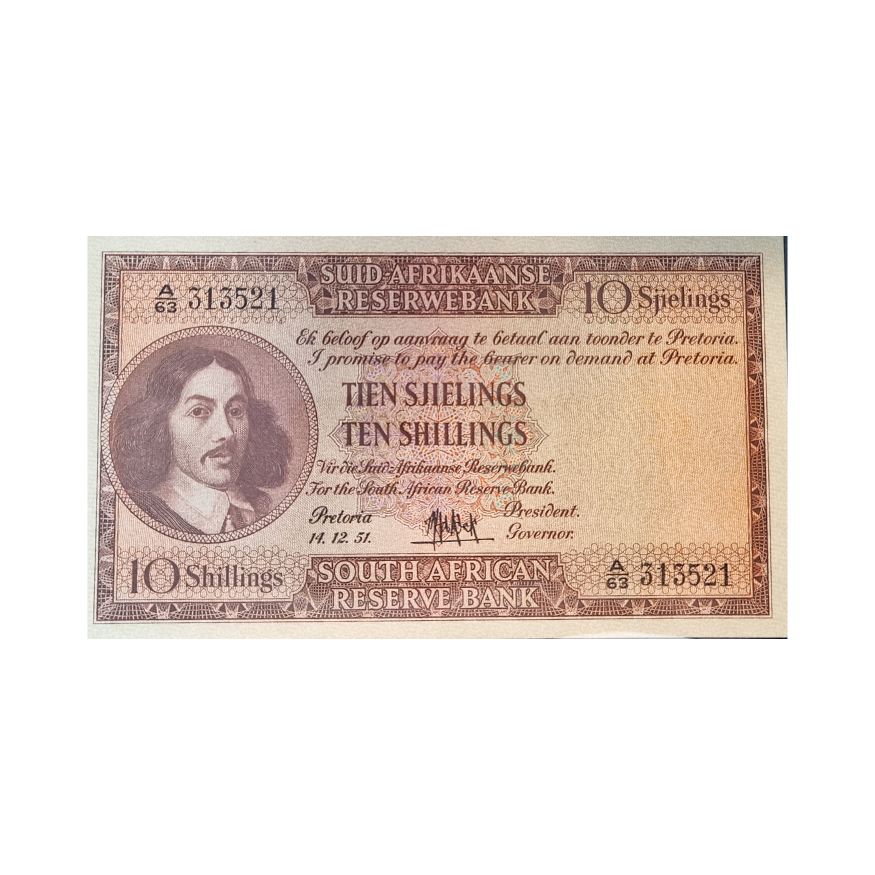 South African Reserve Bank Ten Shilling Afr/Eng 1951 S/N: A/63 313521