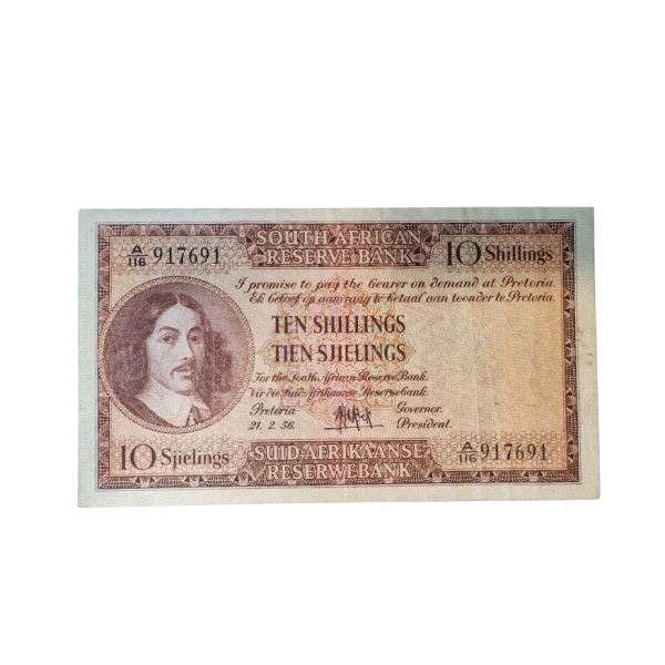 South African Reserve Bank Ten Shilling Eng/Afr 1956 S/N: A116/917691