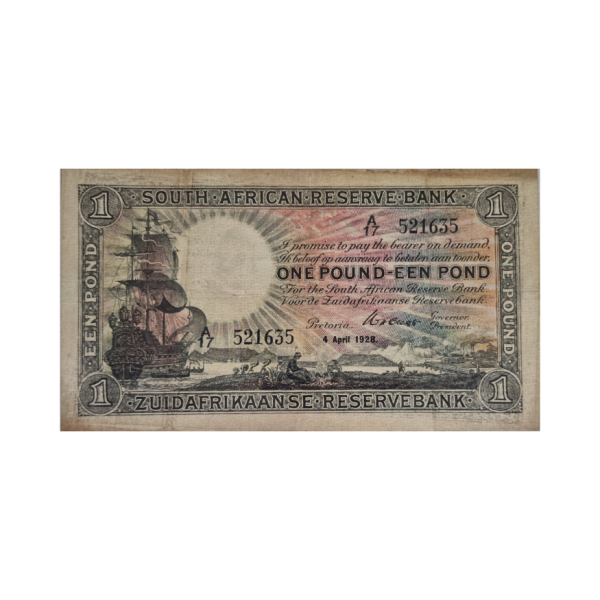 South African Reserve Bank One Pound Afr/Eng 4/4/1928 S/N: A17 521635
