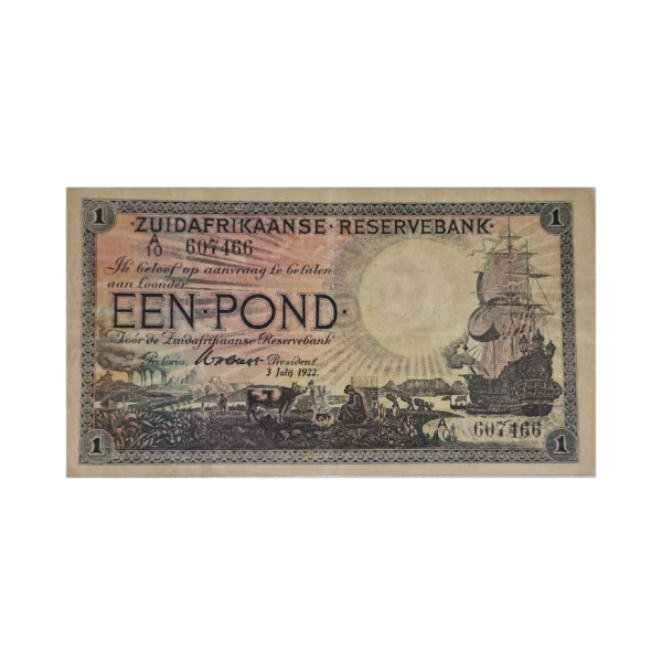 South African Reserve Bank One Pound Eng/Dutch 1922 S/N: A10 607466
