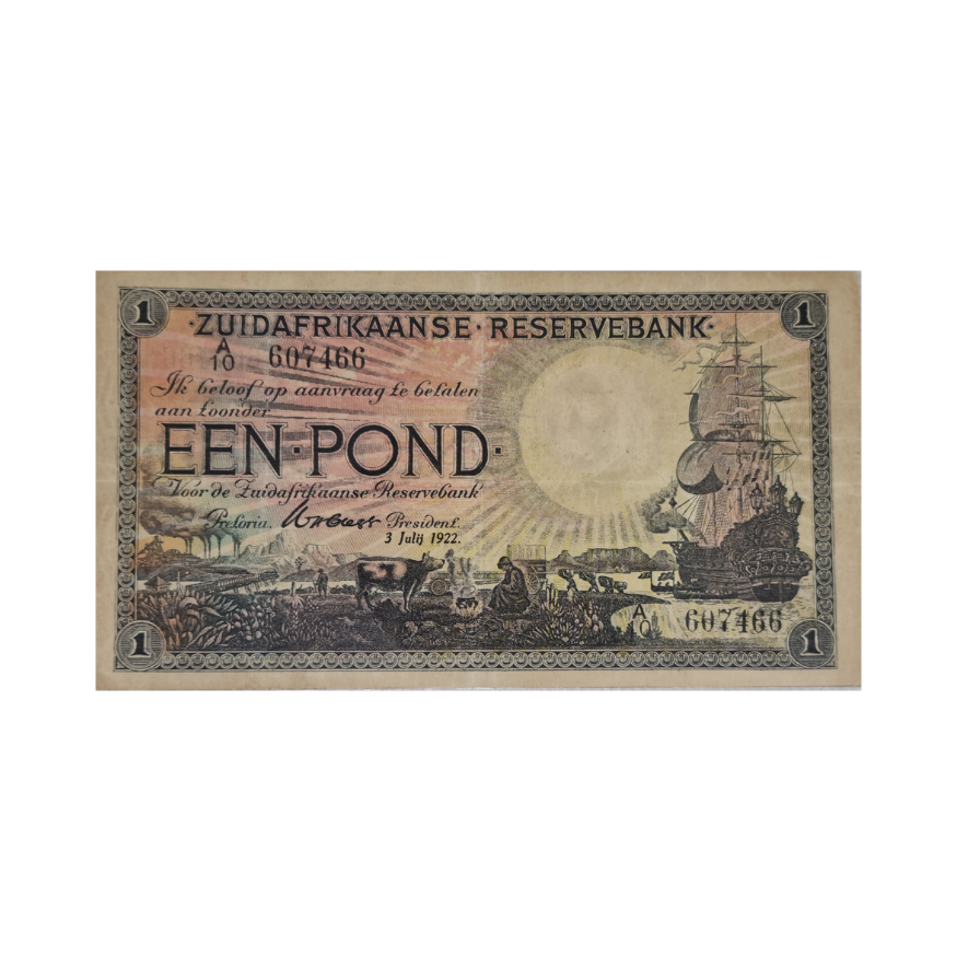 South African Reserve Bank One Pound Eng/Dutch 1922 S/N: A10 607466