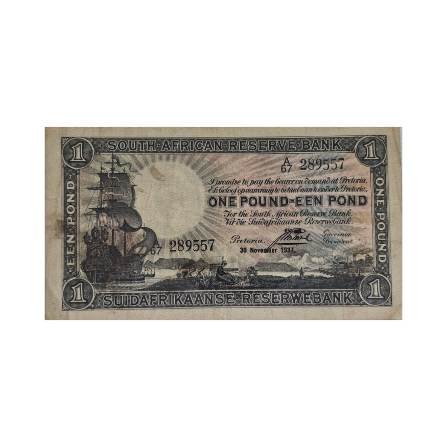 South African Reserve Bank One Pound Eng/Afr 1937 S/N: A67 289557