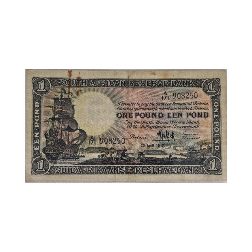 South African Reserve Bank One Pound Eng/Afr 1947 S/N: A171 908250 Hern 107