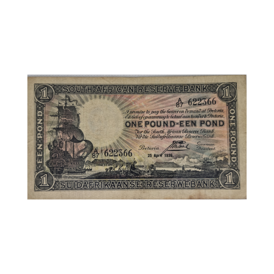 South African Reserve Bank One Pound Eng/Afr 1939 S/N: A87 622366