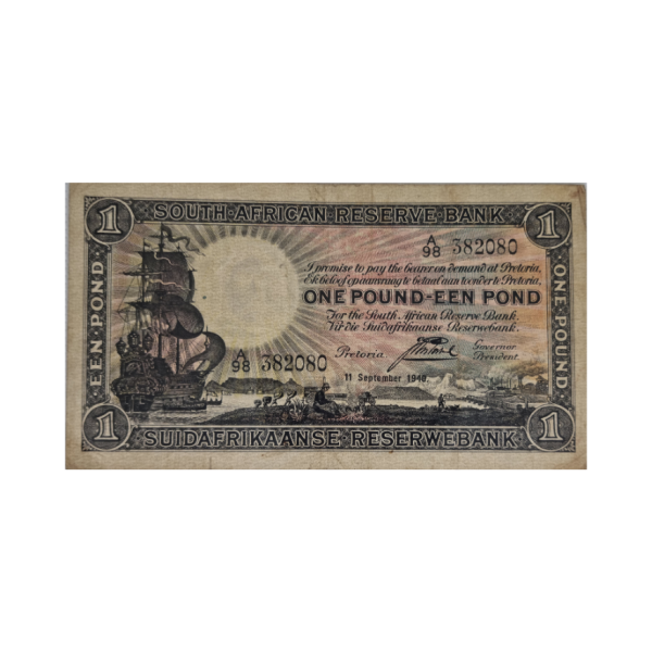 South African Reserve Bank One Pound Eng/Afr 1940 S/N:A98 382080