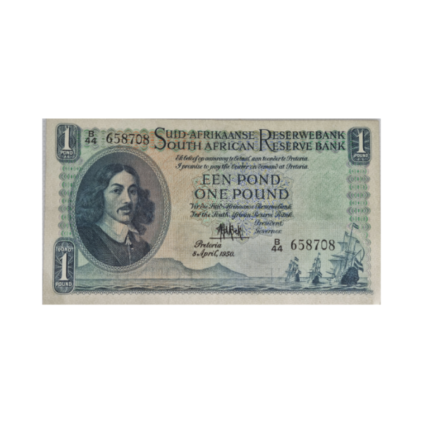 South African Reserve Bank One Pound Afr/Eng 1950 S/N: B44 658708