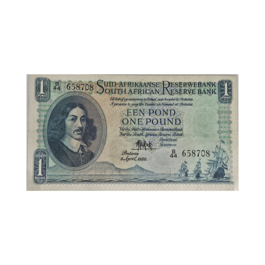 South African Reserve Bank One Pound Afr/Eng 1950 S/N: B44 658708