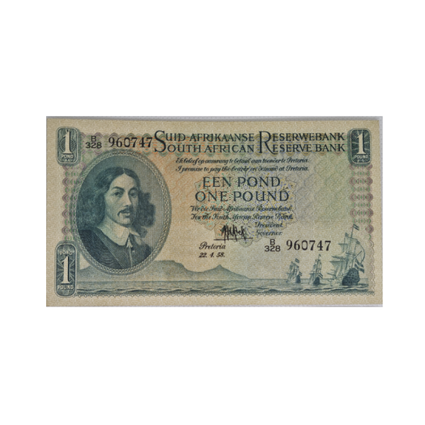 South African Reserve Bank One Pound Afr/Eng 1958 S/N: B328 960747