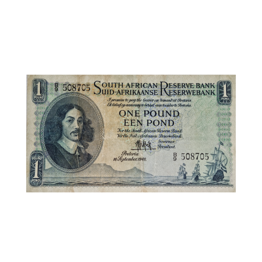 South African Reserve Bank One Pound Eng/Afr 1948 S/N:B9 508705