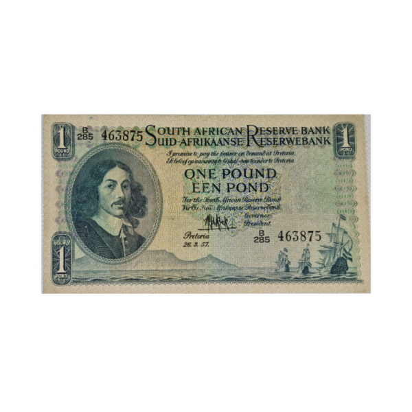 South African Reserve Bank One Pound Eng/Afr 1957 S/N: B285 463875