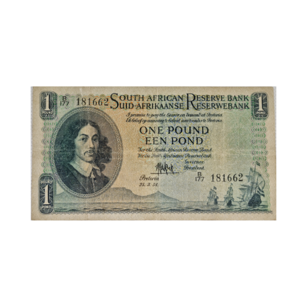 South African Reserve Bank One Pound Eng/Afr 1954 S/N: B177 181662