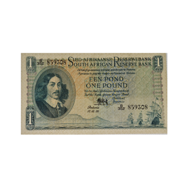 South African Reserve Bank Een Pond Afr/Eng 1958 S/N:B352 859308