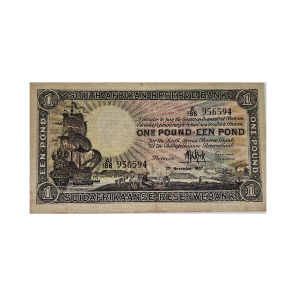 South African Reserve Bank One Pound Eng/Afr 1947 S/N:A186 956594