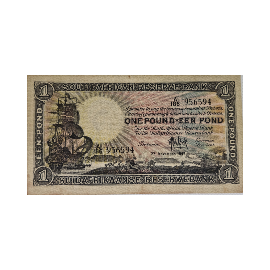 South African Reserve Bank One Pound Eng/Afr 1947 S/N:A186 956594