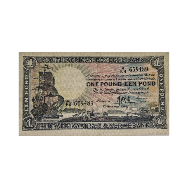 South African Reserve Bank One Pound Eng/Afr 1946 S/N: A164 659489