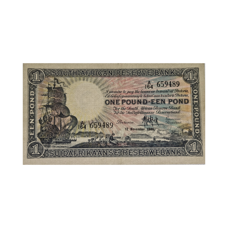 South African Reserve Bank One Pound Eng/Afr 1946 S/N: A164 659489