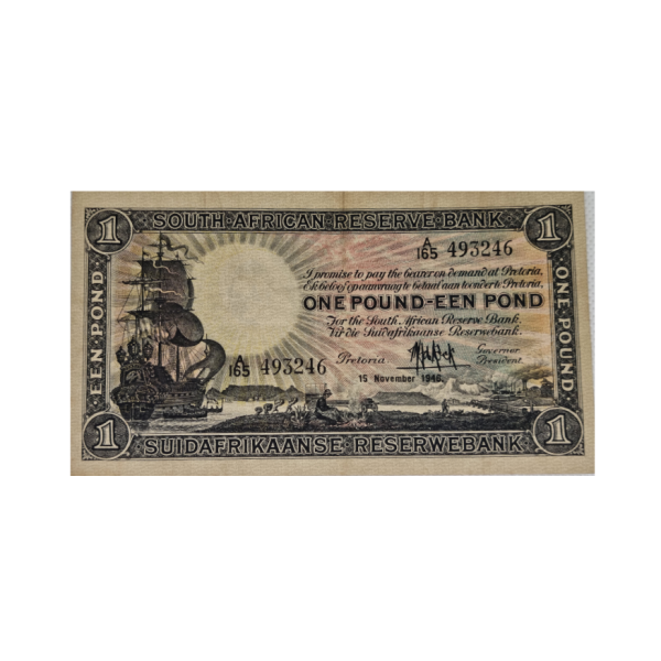 South African Reserve Bank One Pound Eng/Afr 1946 S/N: A165 493246