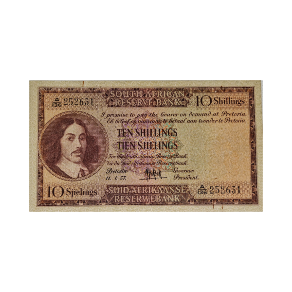 South African Reserve Bank Ten Shillings Eng/Afr 1957 S/N: A136 252631