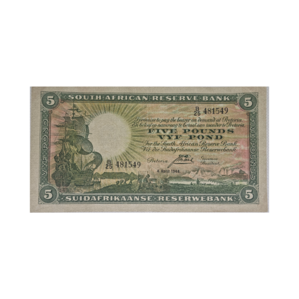 South African Reserve Bank Five Pounds Eng/Afr 4/4/1944 S/N: B25/481549