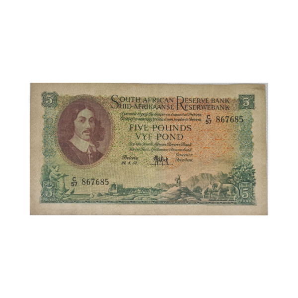 South African Reserve Bank Five Pounds Eng/Afr 24/4/1957 S/N: C57/867685