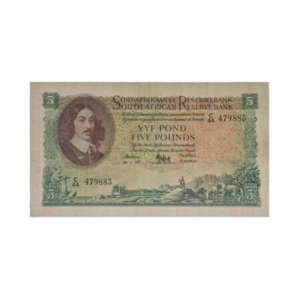 South African Reserve Bank Five Pounds Afr/Eng 19/1/1956 S/N: C44/479883