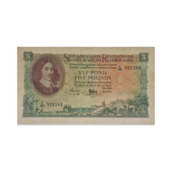 South African Reserve Bank Five Pounds Afr/Eng 8/3/1956 S/N: C46/921384