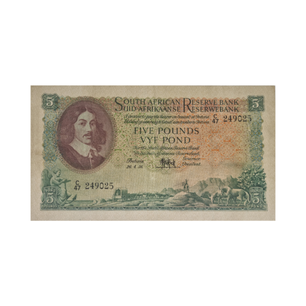 South African Reserve Bank Five Pounds Eng/Afr 26/4/1956 S/N: C47/249025