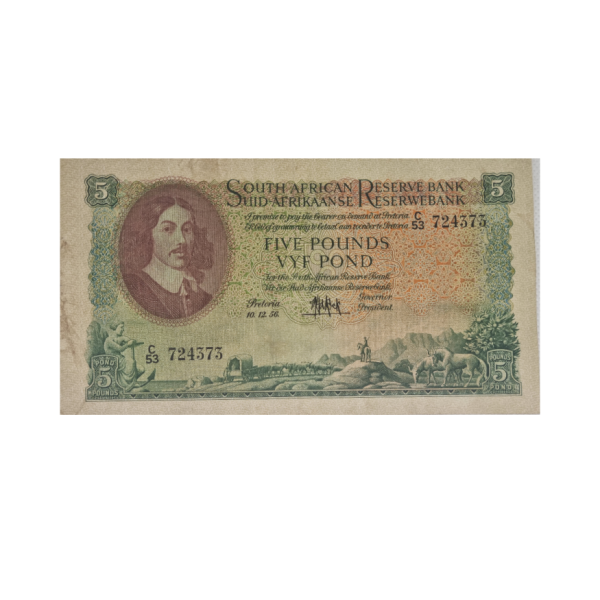 South African Reserve Bank Five Pounds Eng/Afr 10/12/56 S/N: C53/724373