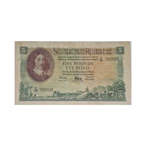 South African Reserve Bank Five Pounds Eng/Afr 10/3/1955 S/N: C39/522822