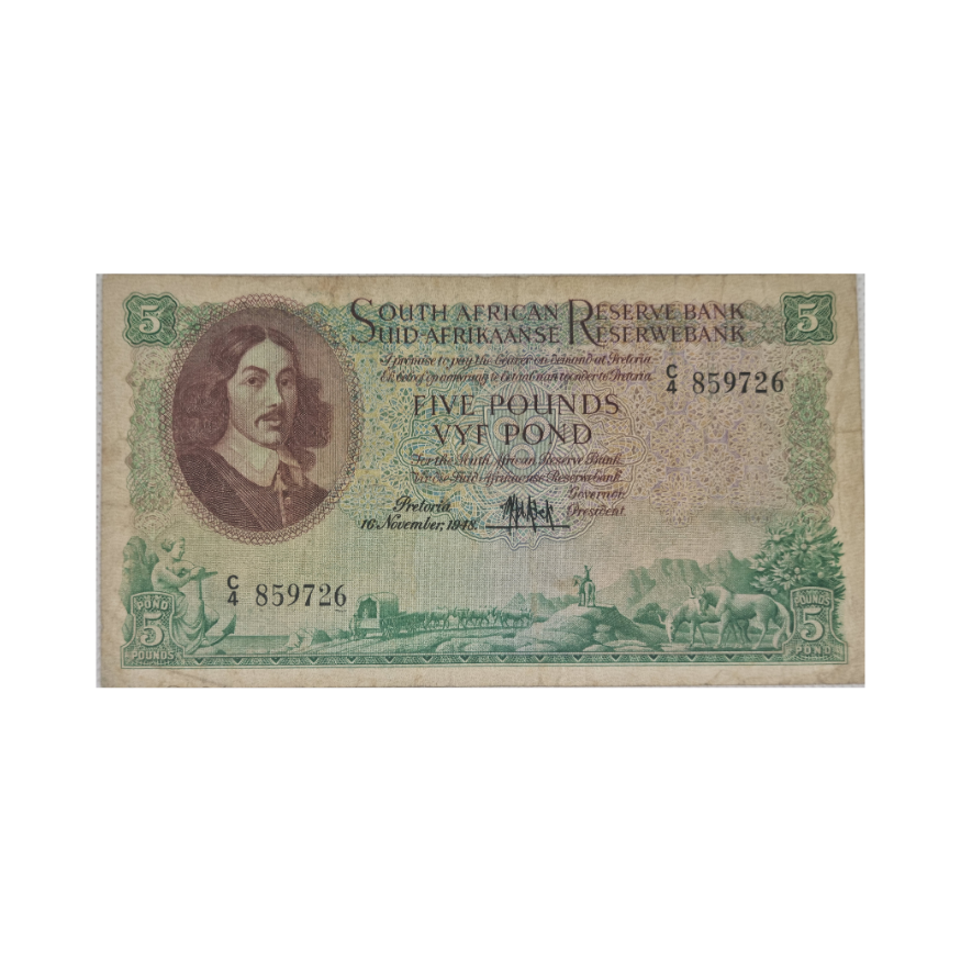 South African Reserve Bank Five Pounds Eng/Afr 16/11/1948 S/N: C4/859726