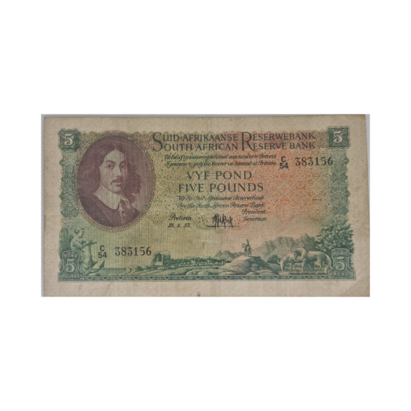 South African Reserve Bank Five Pounds Afr/Eng 21/1/1957 S/N: C54/383156