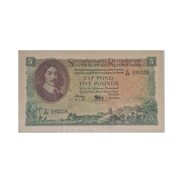South African Reserve Bank Five Pounds Afr/Eng 19/1/1956 S/N: C44/193008