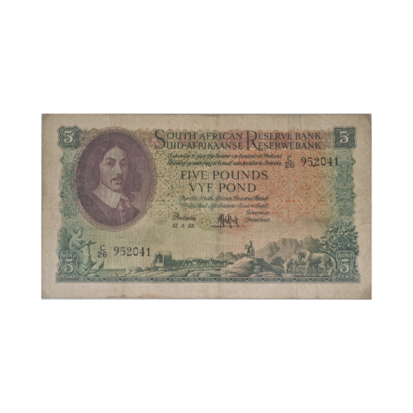 South African Reserve Bank Five Pounds Eng/Afr 17/1/1953 S/N: C26/952041