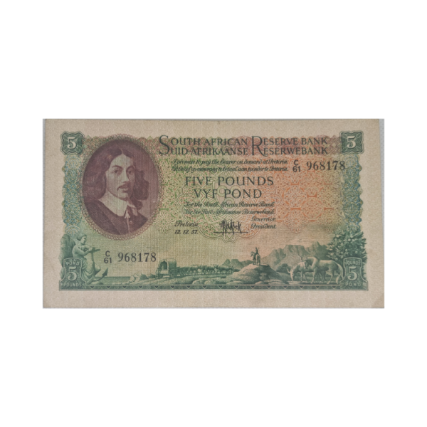 South African Reserve Bank Five Pounds Eng/Afr 12/12/1957 S/N: C61/968178