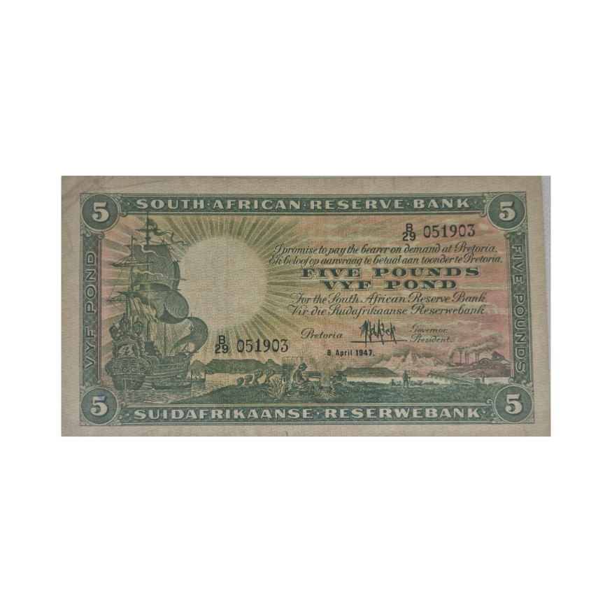 South African Reserve Bank Five Pounds Eng/Afr 8/4/1947 S/N: B29/051903
