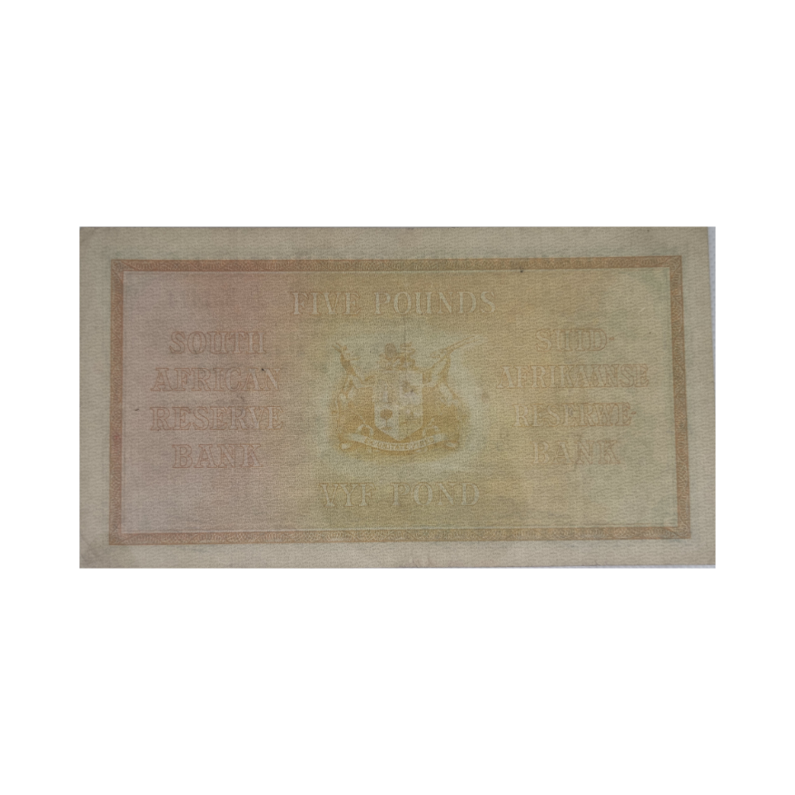 South African Reserve Bank Five Pounds Eng/Afr 8/4/1947 S/N: B29/831414 - Image 2