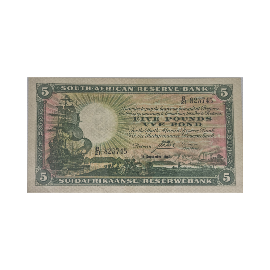 South African Reserve Bank Five Pounds Eng/Afr 1942 S/N: B21/823745