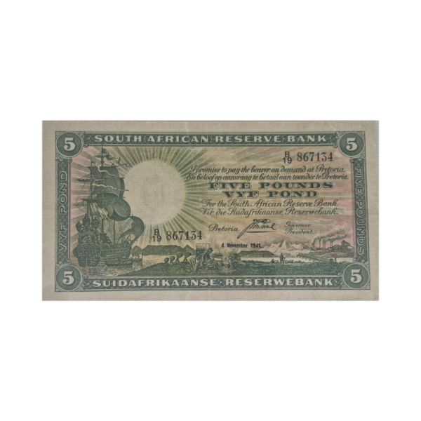 South African Reserve Bank Five Pound Eng/Afr 4/11/1941 S/N:B19/867134