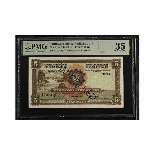 South West Africa, Volkskas Ltd. Five Pounds Afr/Eng 1/9/1958 S/N S3/ 34932 Choice Very Fine 35