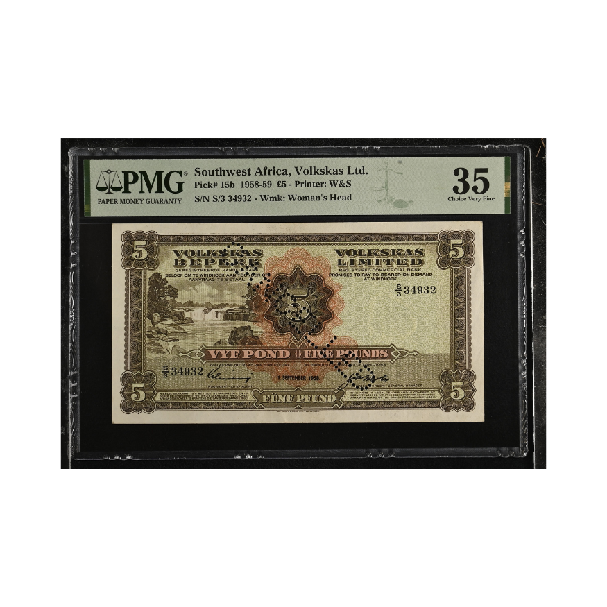 South West Africa, Volkskas Ltd. Five Pounds Afr/Eng 1/9/1958 S/N S3/ 34932 Choice Very Fine 35