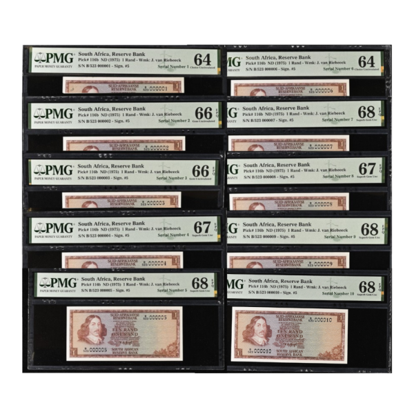 South Africa Reserve Bank 1975 1 Rand S/N B523/000001-10