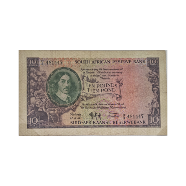 South African Reserve Bank Ten Pound Eng/Afr 14/9/1955 S/N: D3/481447