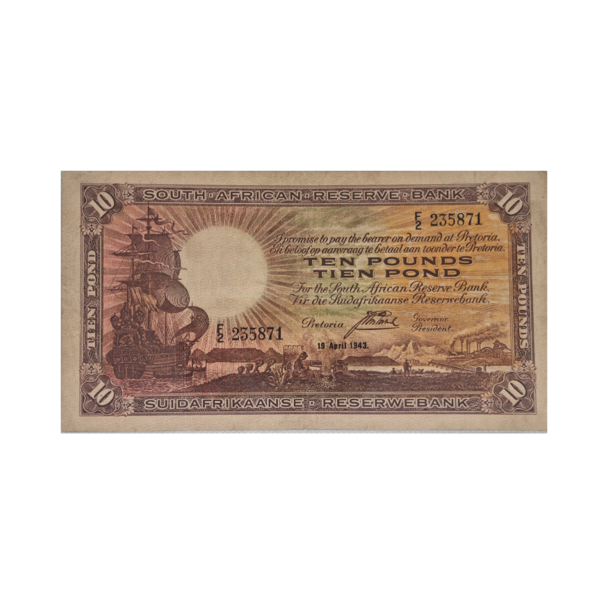 South African Reserve Bank Ten Pound Eng/Afr 19/4/1943 S/N: F2/235871