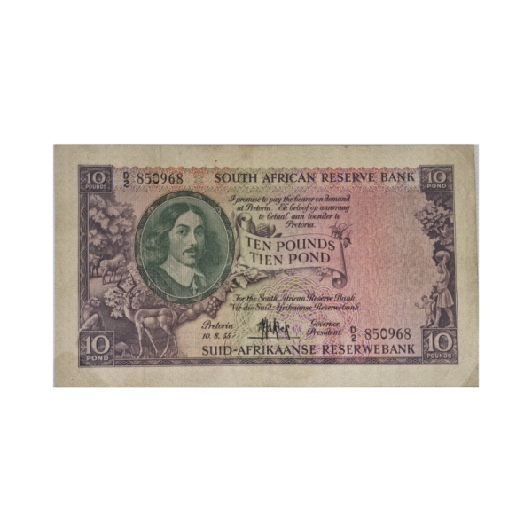 South African Reserve Bank Ten Pound Eng/Afr 10/8/1955 S/N: D2/850968